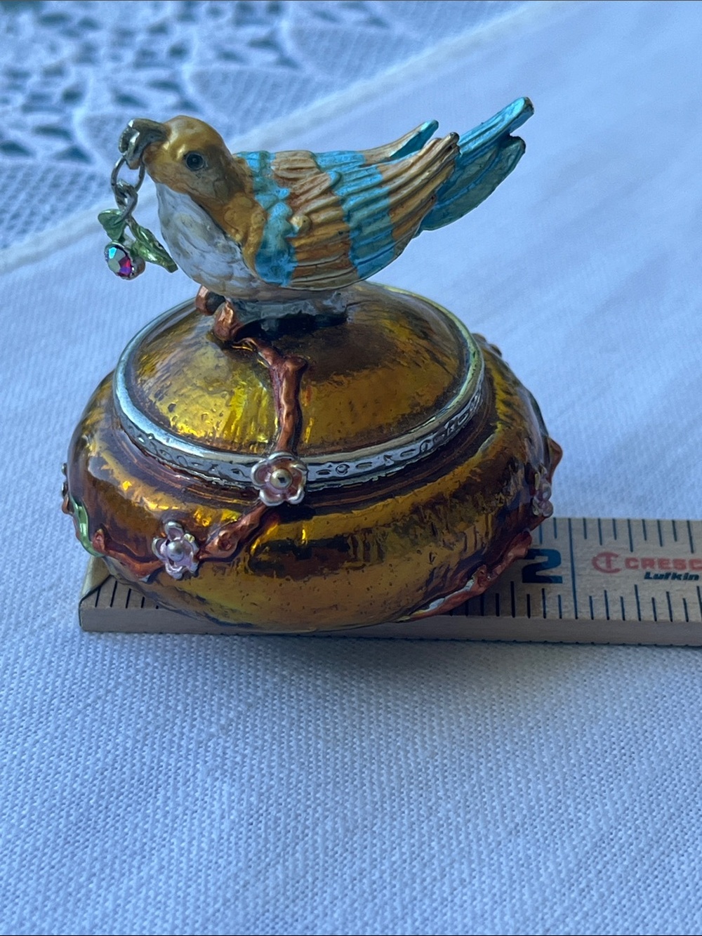 Small Bejewelled Enameled Bird Trinket Box – Heavy Metal & Dangling Cherry Charm - Picture 7 of 7